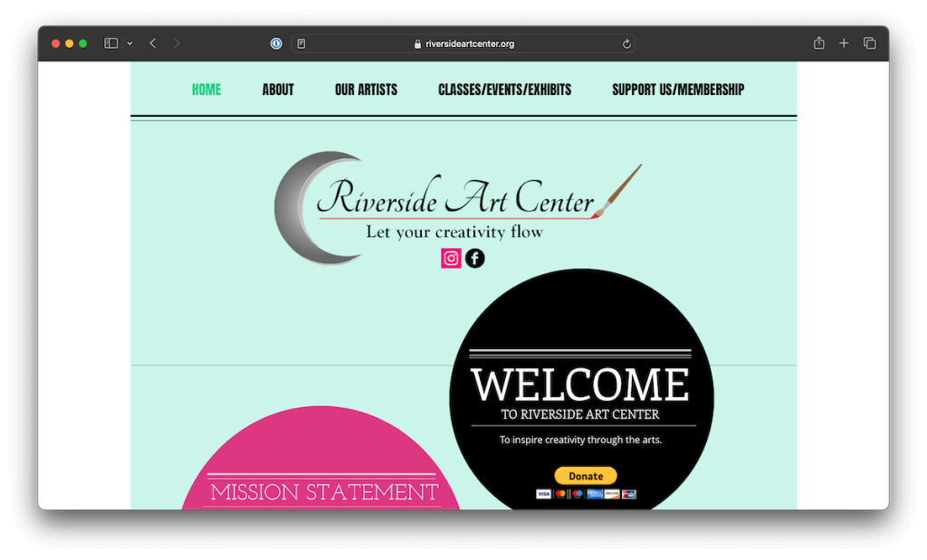 Screenshot of the Riverside Art Center website homepage featuring navigation links, the centers logo with the tagline Let your creativity flow, and welcome and mission statement sections.